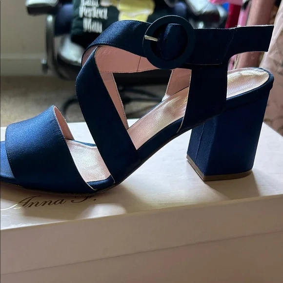 Anna Women's Deep Blue Block Heel Sandals - Picture 3 of 5